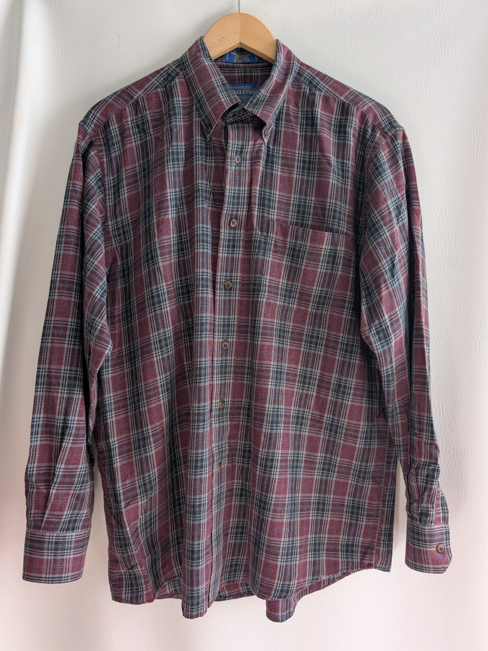 Pendleton Canterbury Cotton Wool Plaid Button-Up Shirt in Red and Gray - L